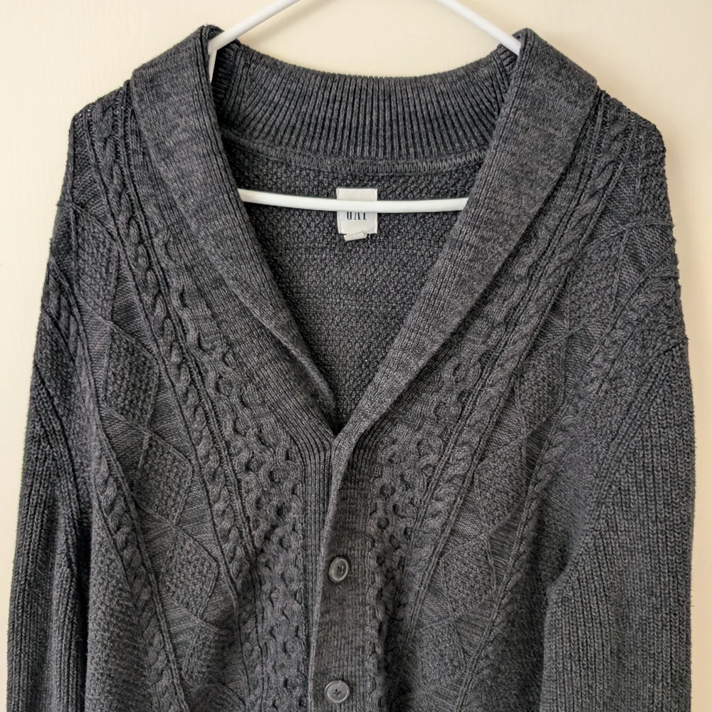 GAP Men XL 100% Cotton Cardigan Sweater Gray Grandpa Cottage Cabin Preppy Grunge - Picture 3 of 7